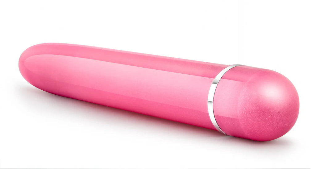 Pink silicone vibrational wand with silver metallic band from sexy things slimline vibe pink collection