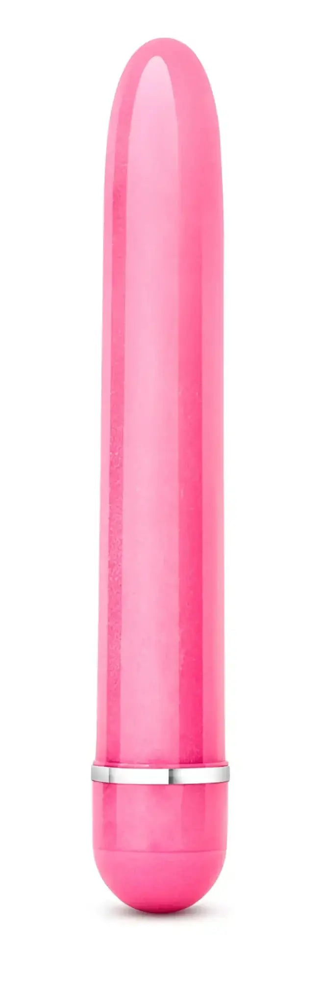 Pink silicone slimline vibrator with silver metallic band near base by sexy things for discreet pleasure