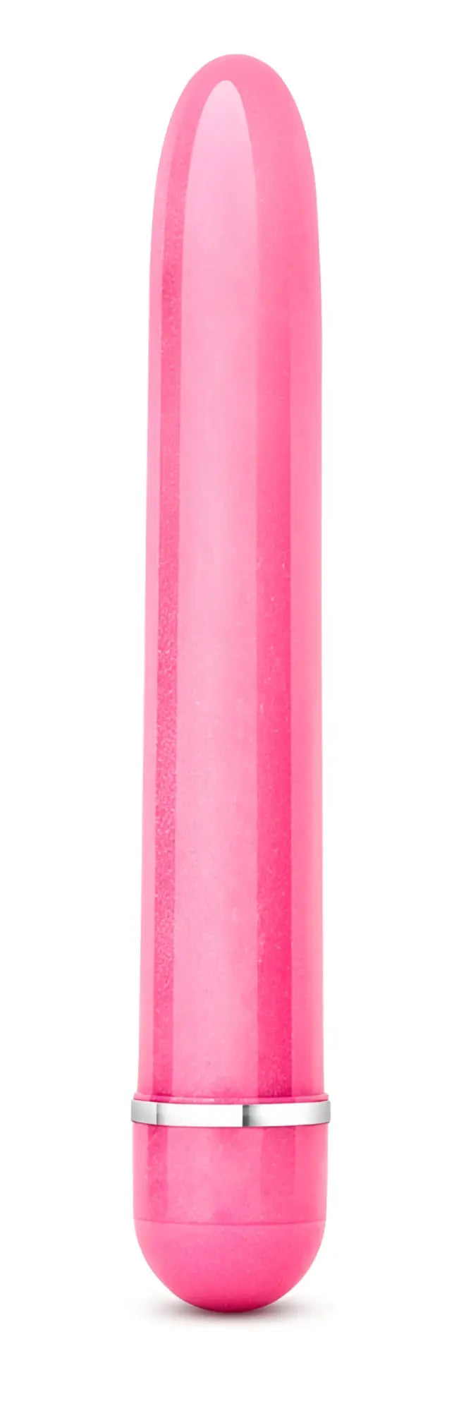 Pink silicone slimline vibrator with silver metallic band near base by sexy things for discreet pleasure