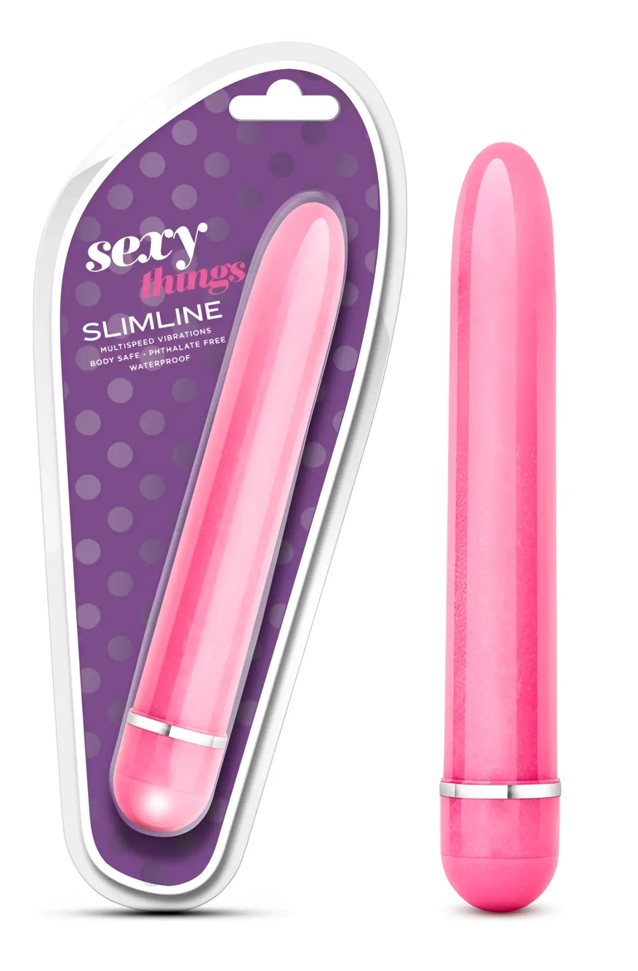 A sleek vibrant pink slimline vibrator with a silver metallic band from Sexy Things slimline vibe pink collection