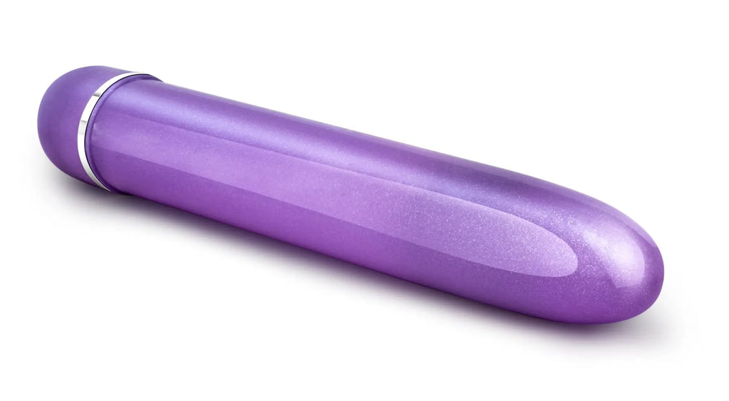 Purple metallic cylindrical vibrator with smooth glossy finish and silver ring from sexy things slimline vibe purple