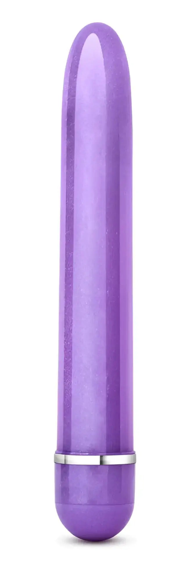 Purple silicone vibrator with silver metallic band near base from sexy things slimline vibe collection