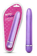Purple silicone vibrator with silver metallic band branded as Sexy Things slimline for discreet pleasure use