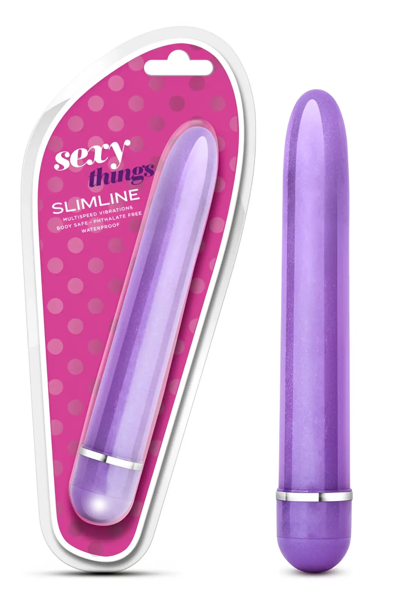 Purple silicone vibrator with silver metallic band branded as Sexy Things slimline for discreet pleasure use