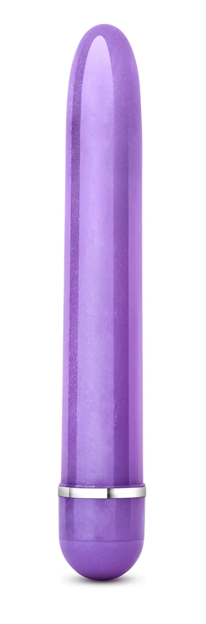 Purple silicone vibrator with silver metallic band near base from sexy things slimline vibe collection