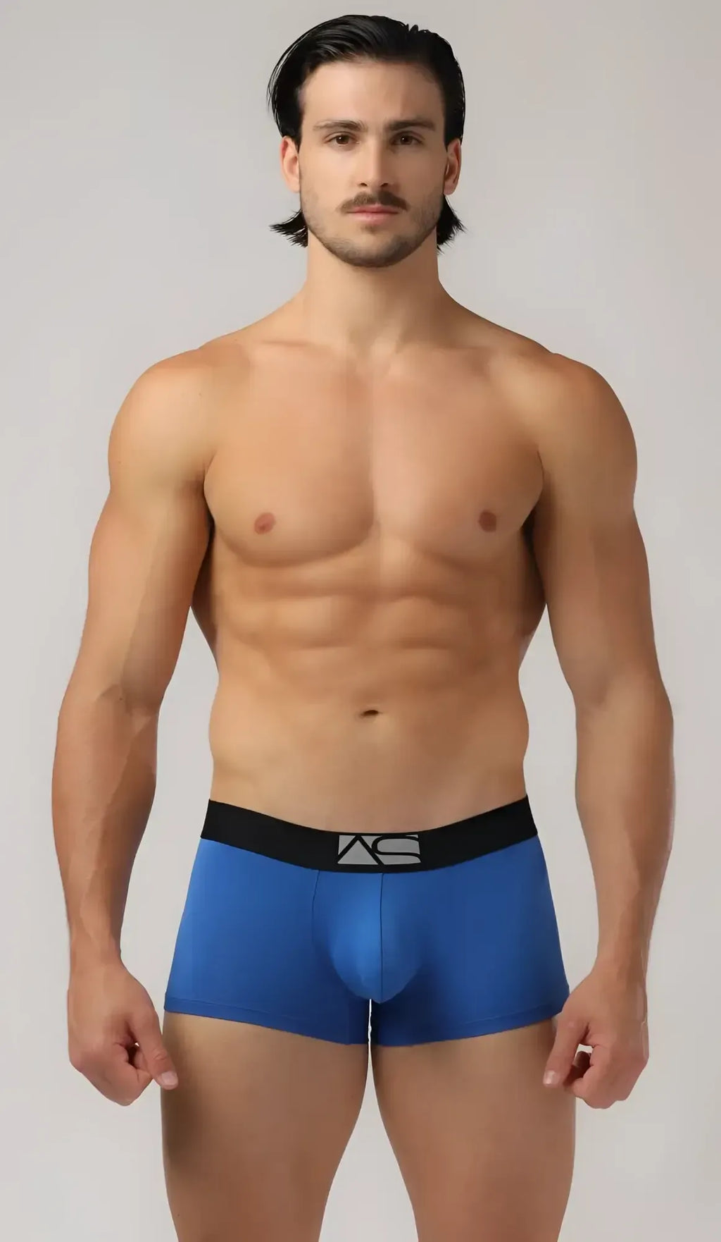 Blue menâs shaped pouch trunks boxer briefs with black elastic waistband and white logo for comfortable support