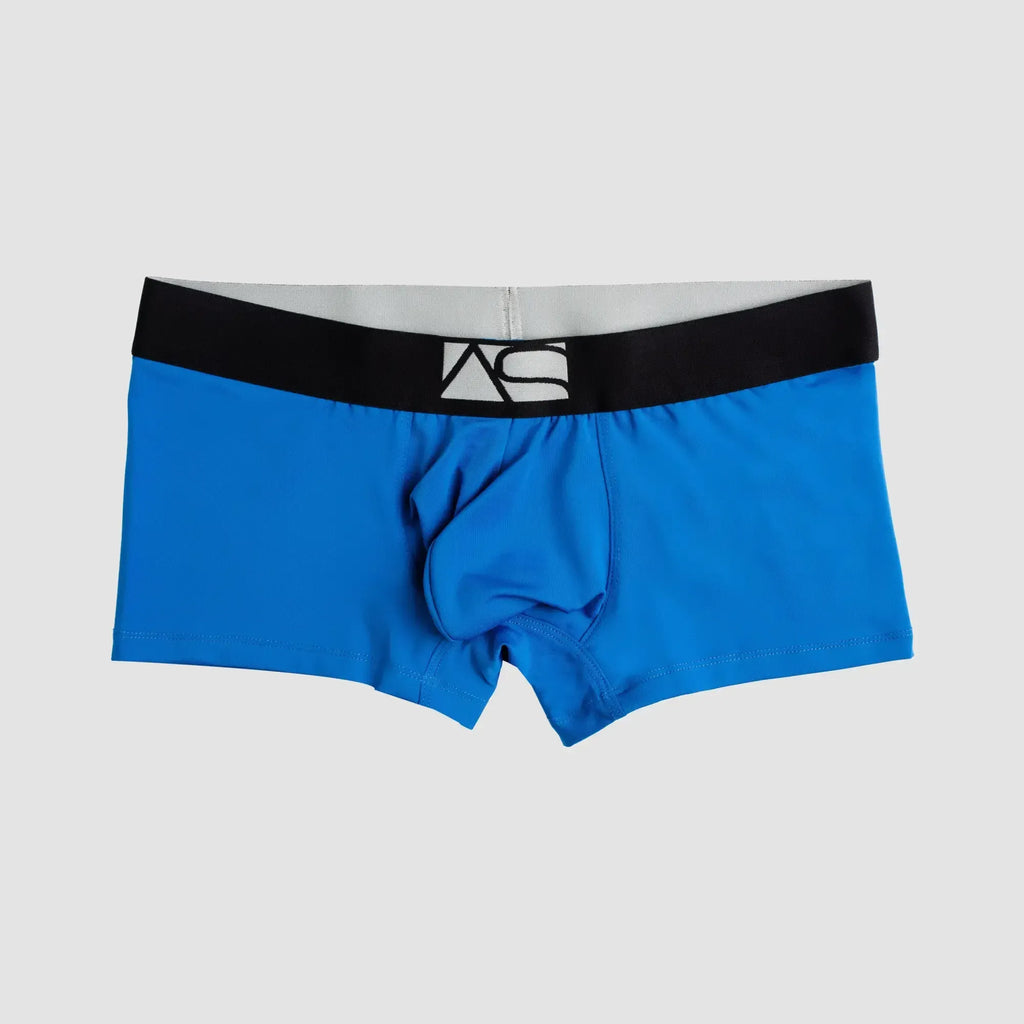 Bright blue shaped pouch trunks with black waistband and white logo designed for menâs supportive comfort underwear