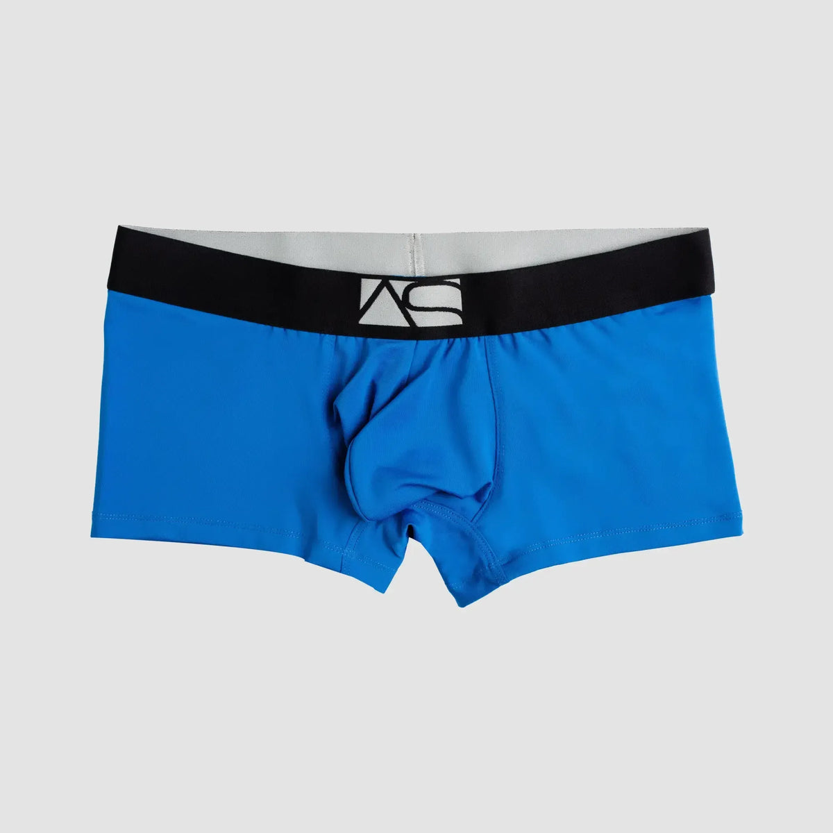 Bright blue shaped pouch trunks with black waistband and white logo designed for menâs supportive comfort underwear