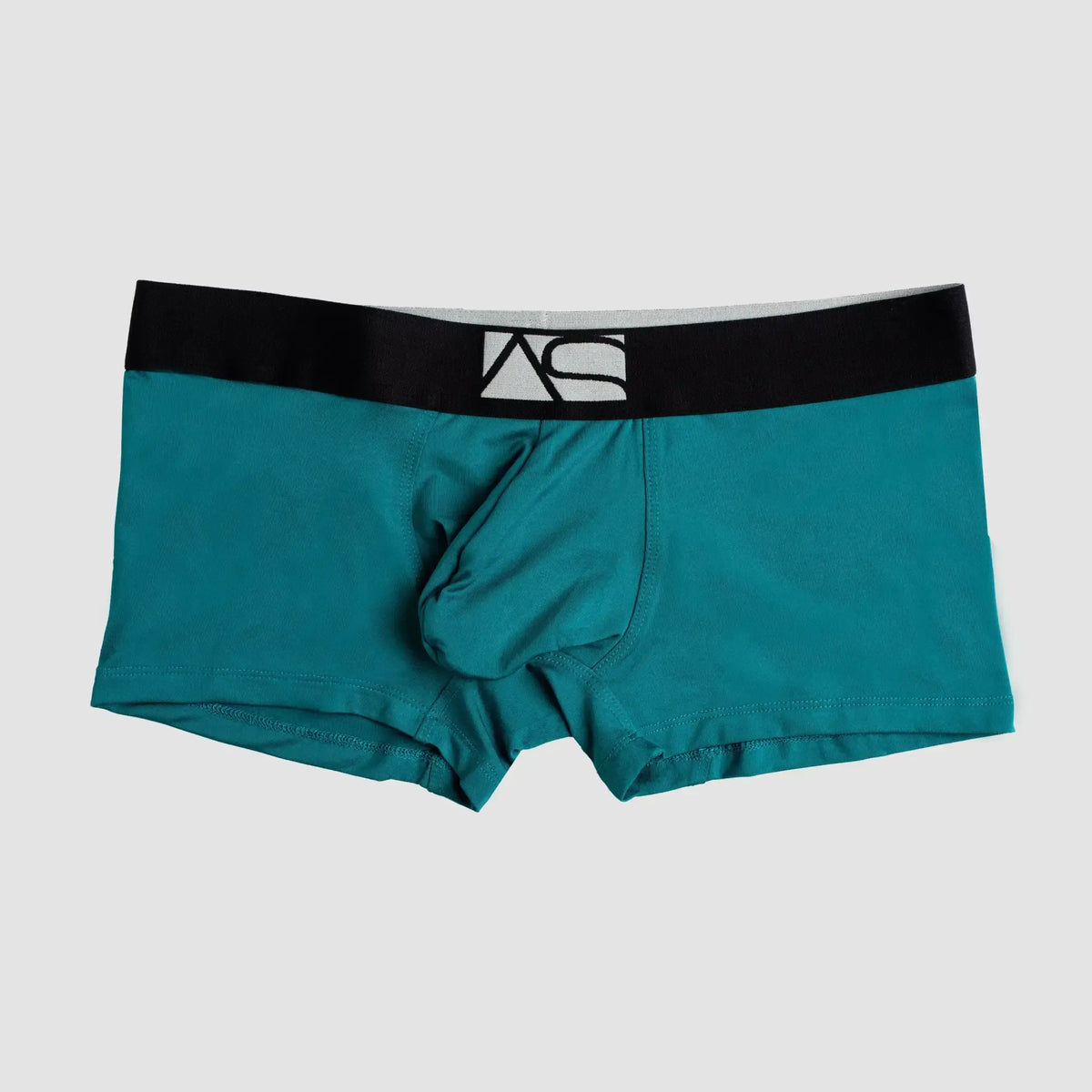 Teal shaped pouch trunks menâs briefs with a black waistband featuring a white logo for comfortable support