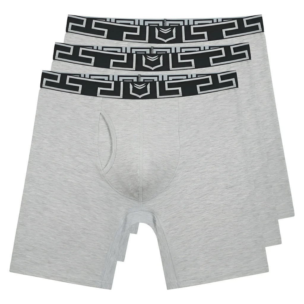 Gray heathered bamboo sheath v menâ€™s 8 inch performance boxer briefs with black and white geometric waistband