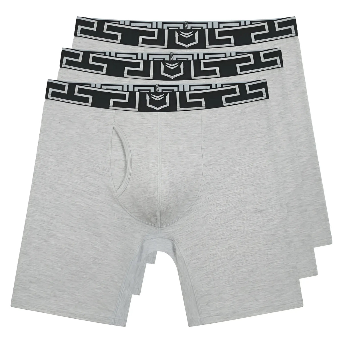 Gray heathered bamboo menâ€™s sheath v performance boxer briefs with black and white geometric waistband in 3 pack