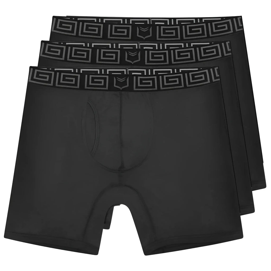 Black sheath v bamboo menâ€™s 8 inch performance boxer briefs with geometric patterned waistband and dual pouch