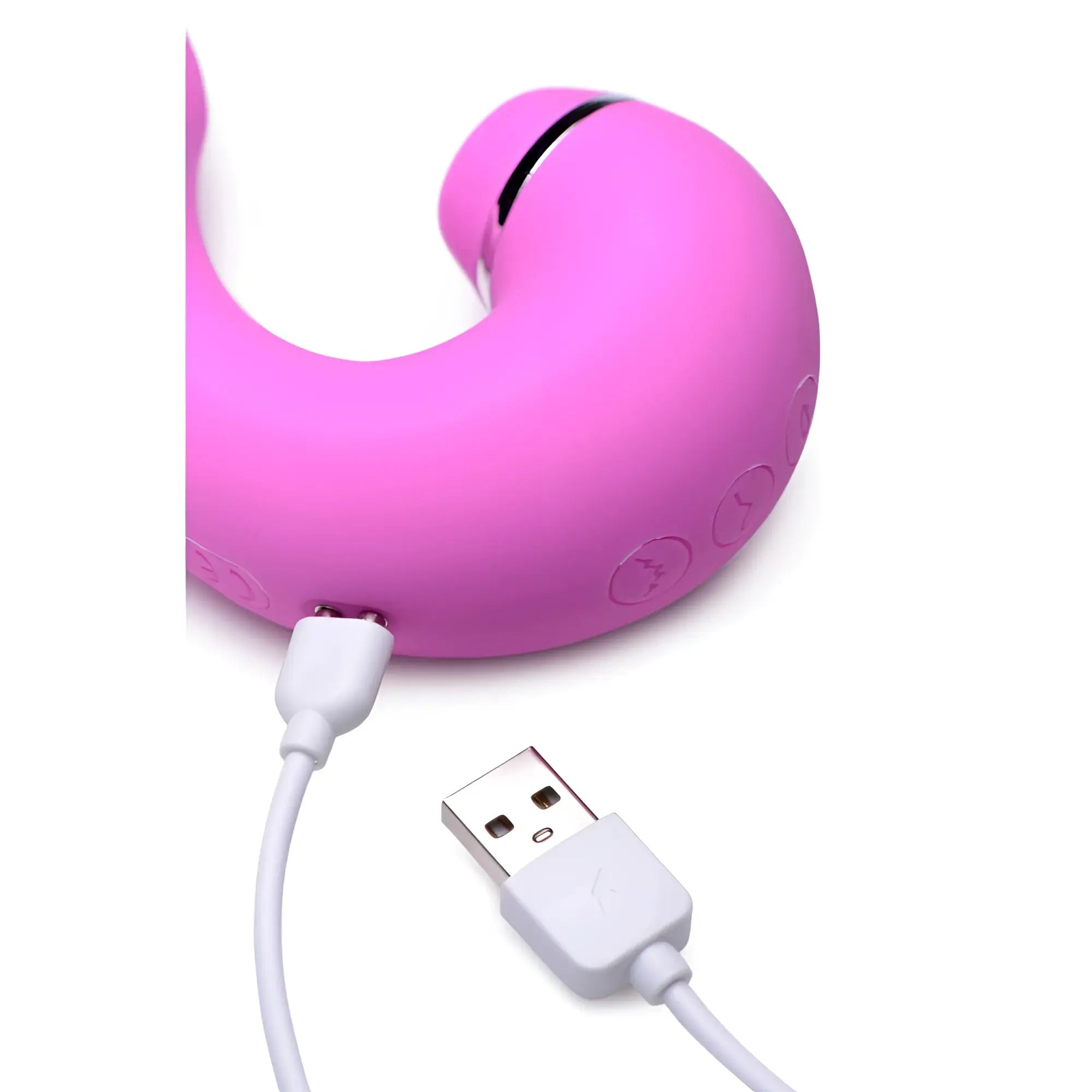 Pink silicone curved shegasm 5 star 10x tapping g spot vibe with suction and usb charging cable attached