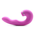 Pink silicone curved vibrator with silver metallic ring designed for g-spot tapping and suction stimulation by shegasm
