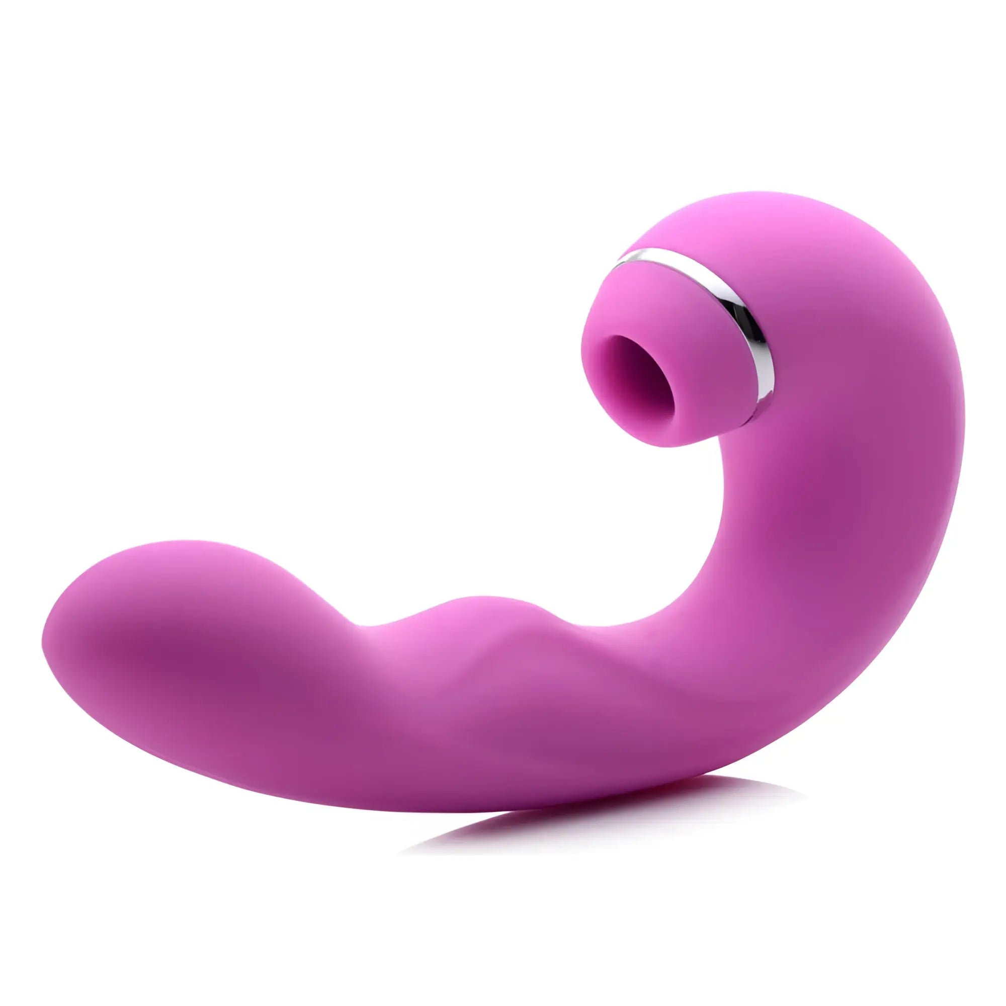 Pink silicone shegasm 5 star 10x tapping g spot vibe with suction and silver metallic ring around the nozzle