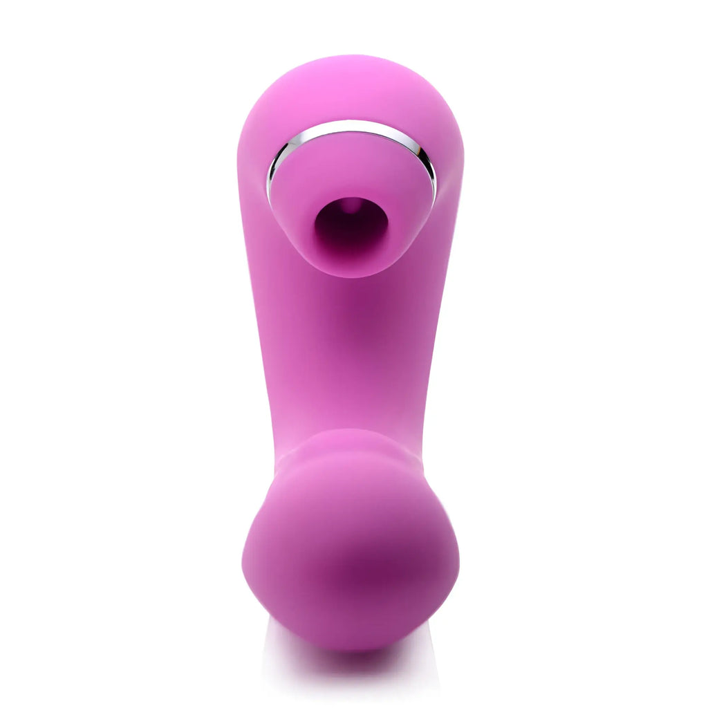 Pink silicone shegasm 5 star 10x tapping g-spot vibe with silver metallic ring around the nozzle for suction stimulation