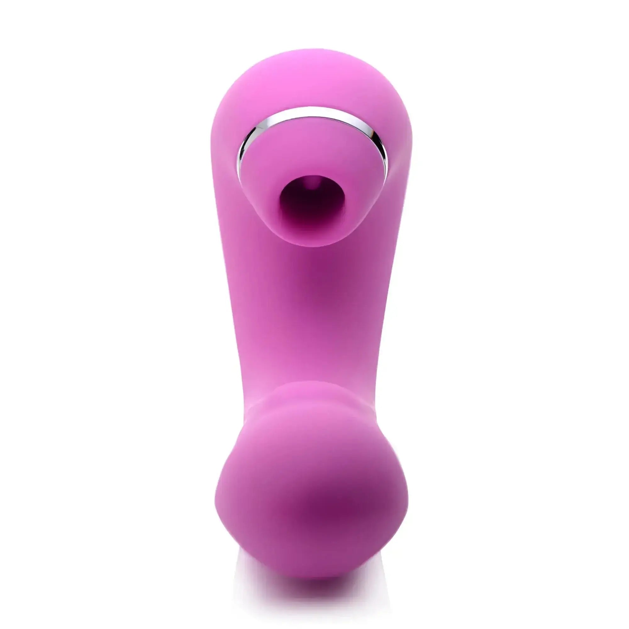 Pink silicone shegasm 5 star 10x tapping g-spot vibe with silver metallic ring around the nozzle for suction stimulation