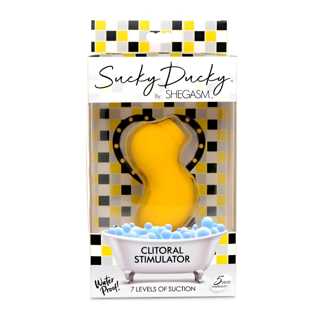 Yellow shegasm sucky ducky silicone clitoral stimulator shaped like a duck with black dotted trim and 7 suction levels