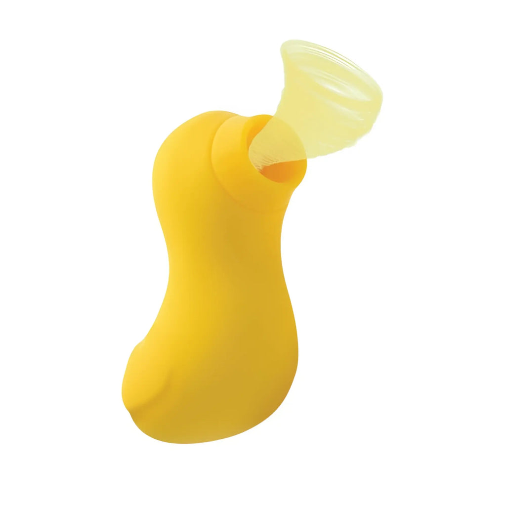 Yellow silicone breast pump with translucent yellow cup from shegasm sucky ducky silicone clitoral stimulator product