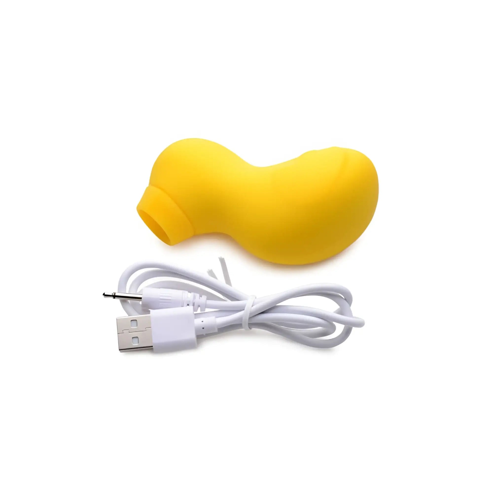 Bright yellow silicone shegasm sucky ducky clitoral stimulator with white USB charging cable
