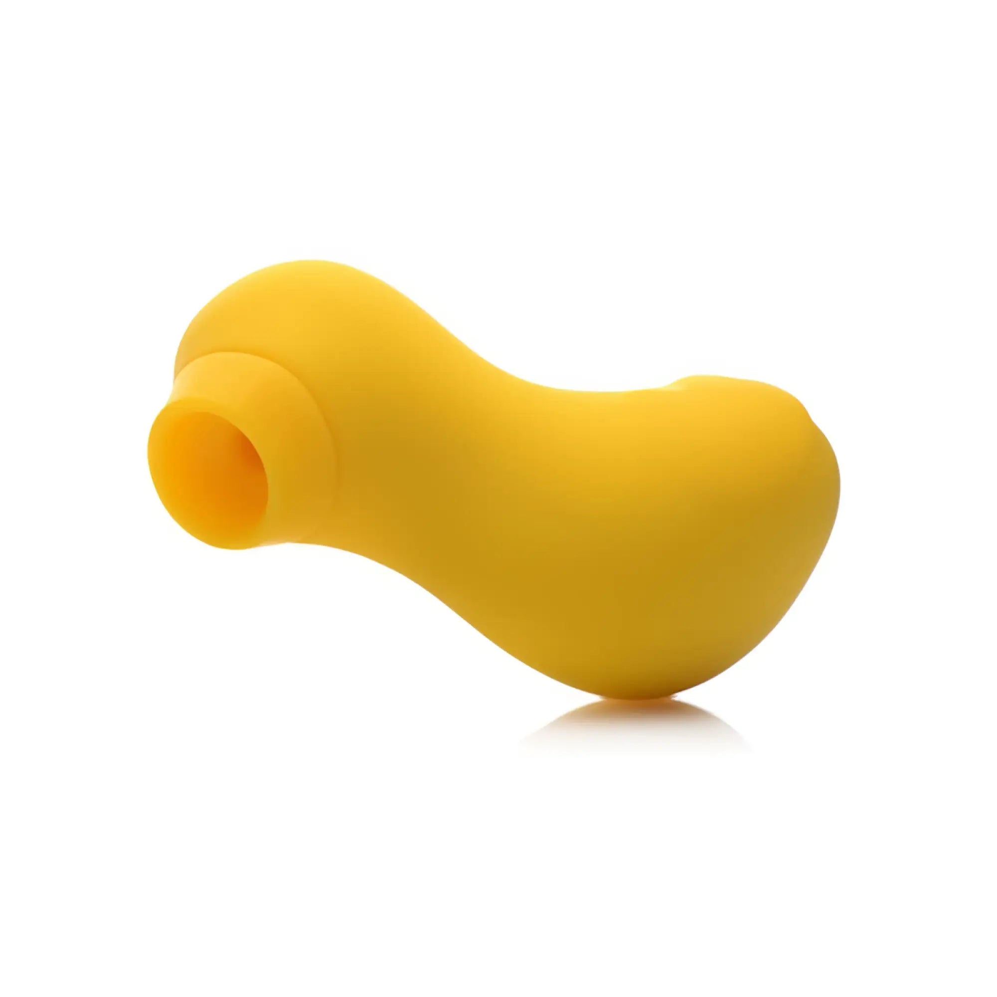 Yellow silicone clitoral stimulator shaped like a rounded duck with an open mouth end from shegasm sucky ducky