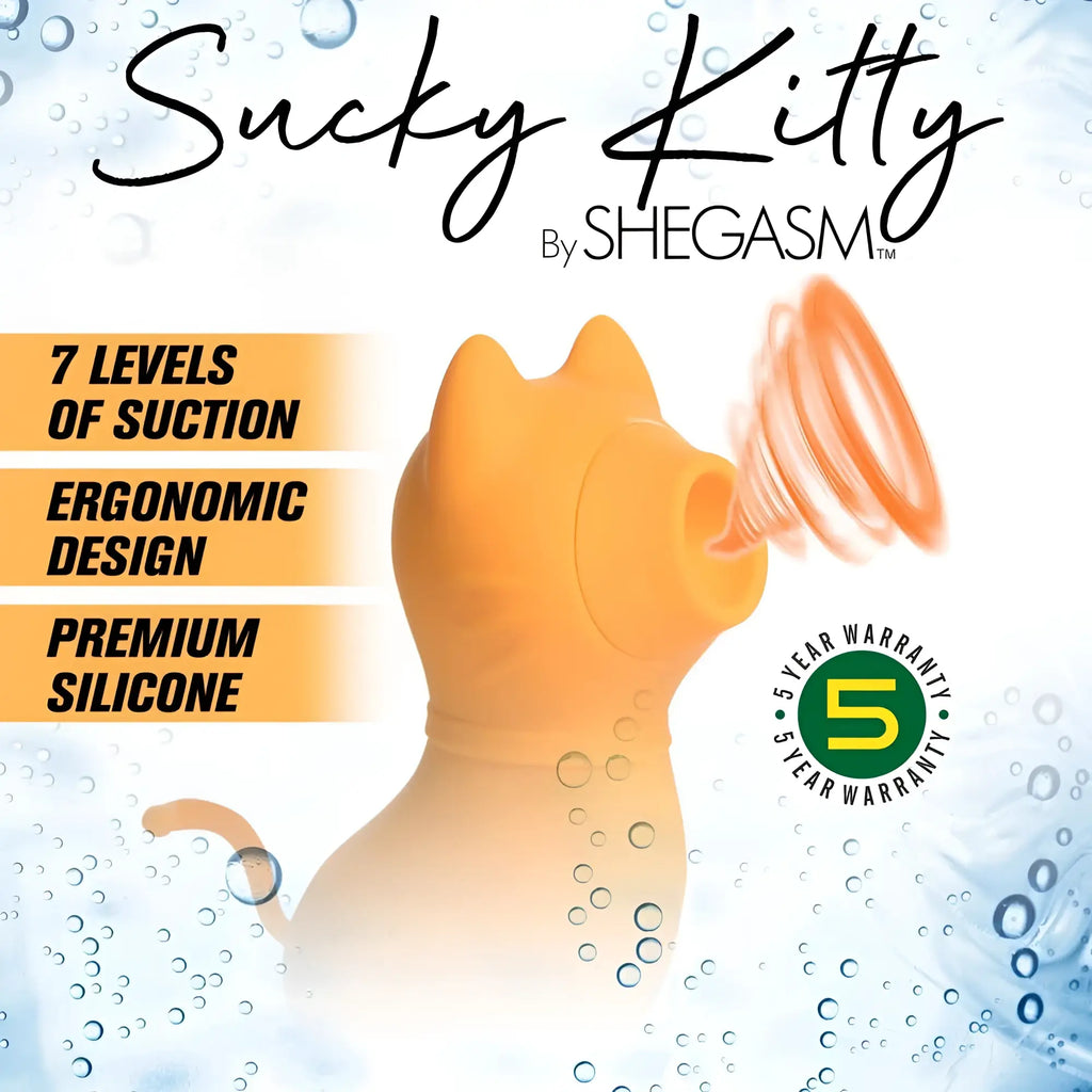 Orange sucky kitty by shegasm is a silicone cat-shaped clitoral stimulator with 7 suction levels and ergonomic design