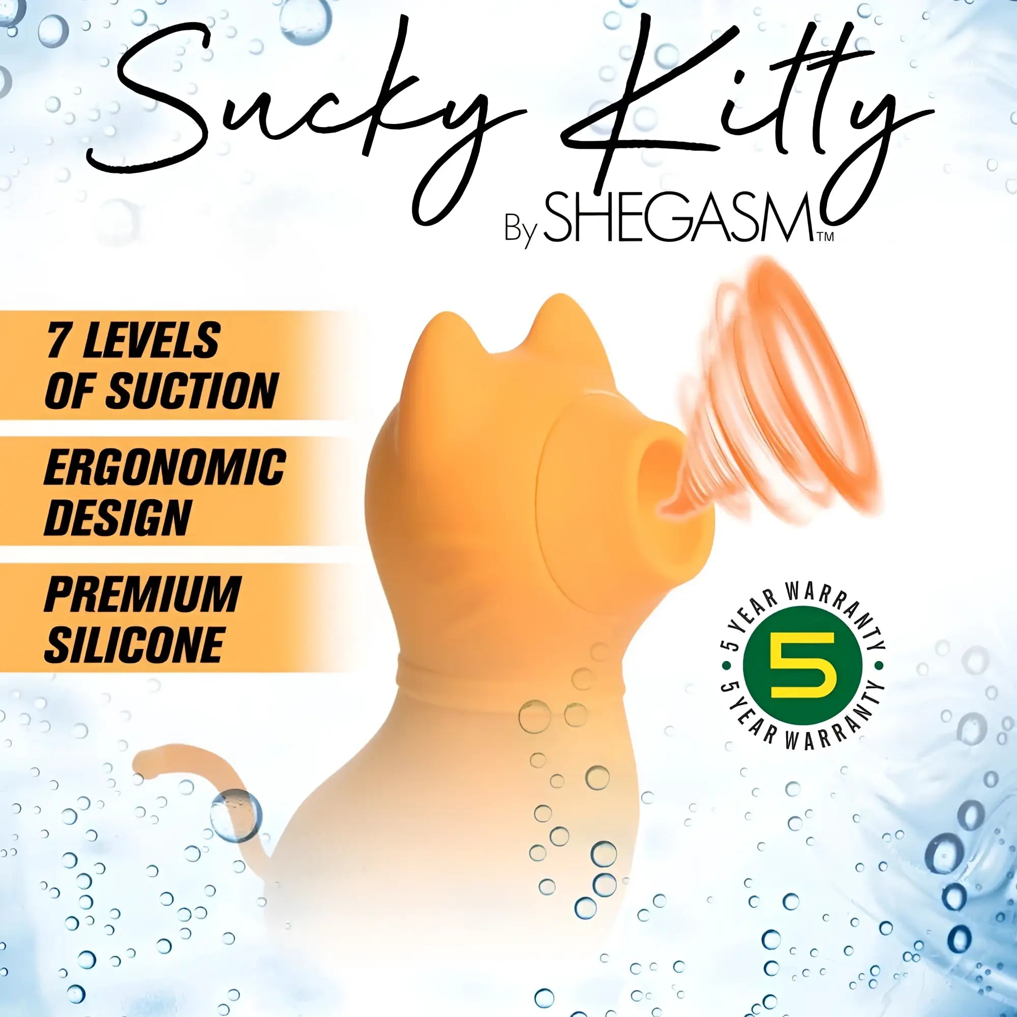Orange sucky kitty by shegasm is a silicone cat-shaped clitoral stimulator with 7 suction levels and ergonomic design