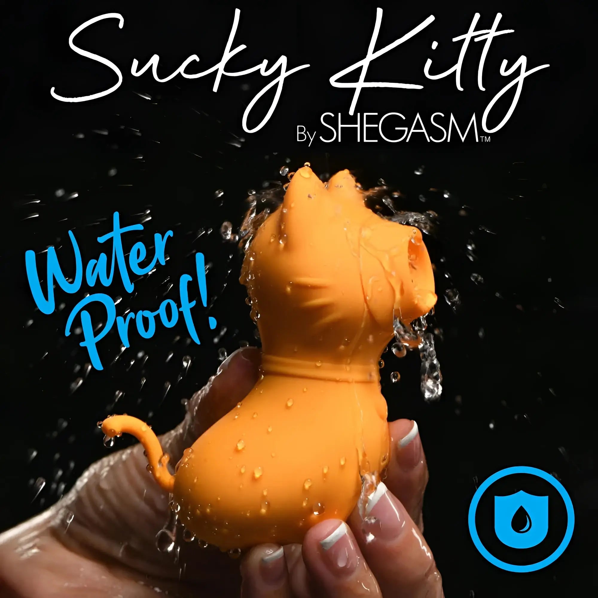 Orange shegasm sucky kitty 7x clitoral stimulator is a waterproof silicone cat-shaped toy with a glossy finish