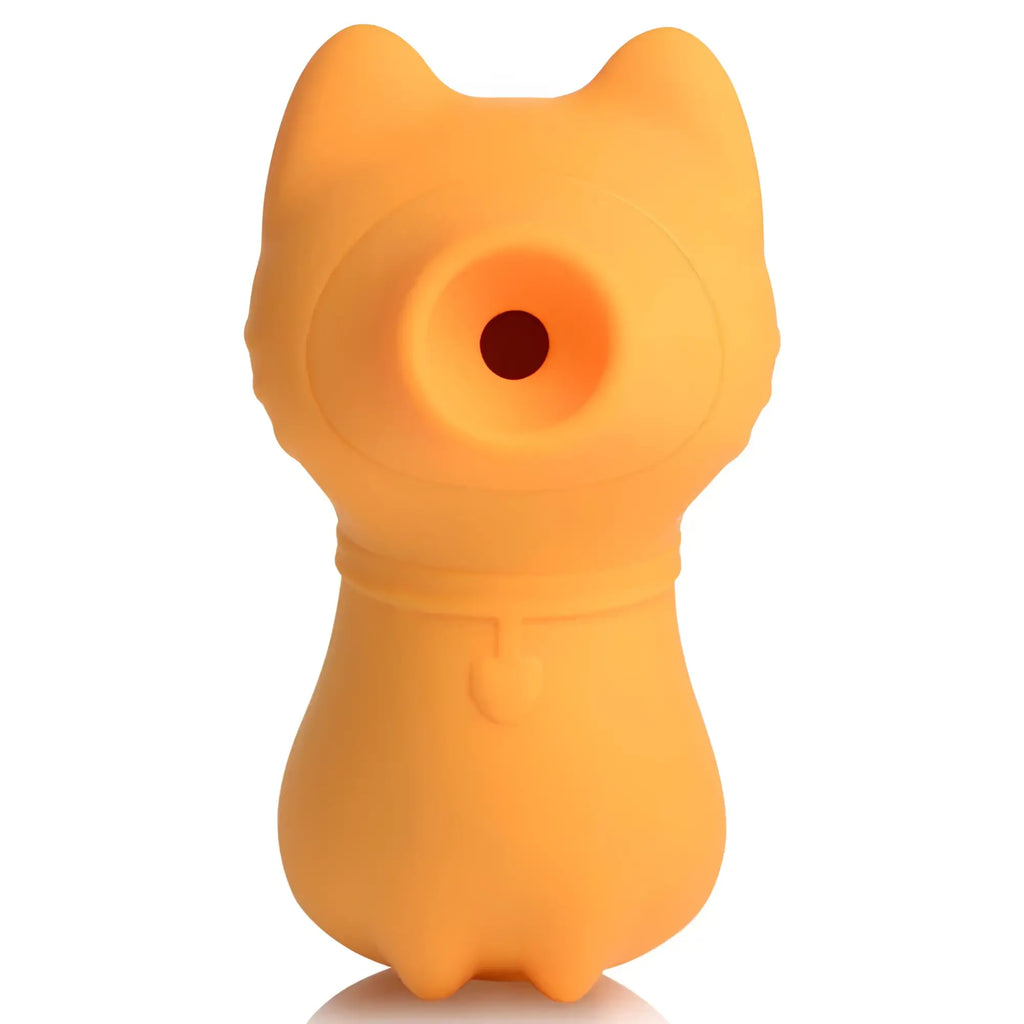 Orange silicone cat-shaped sucky kitty 7x clitoral stimulator showing circular opening on back side of product