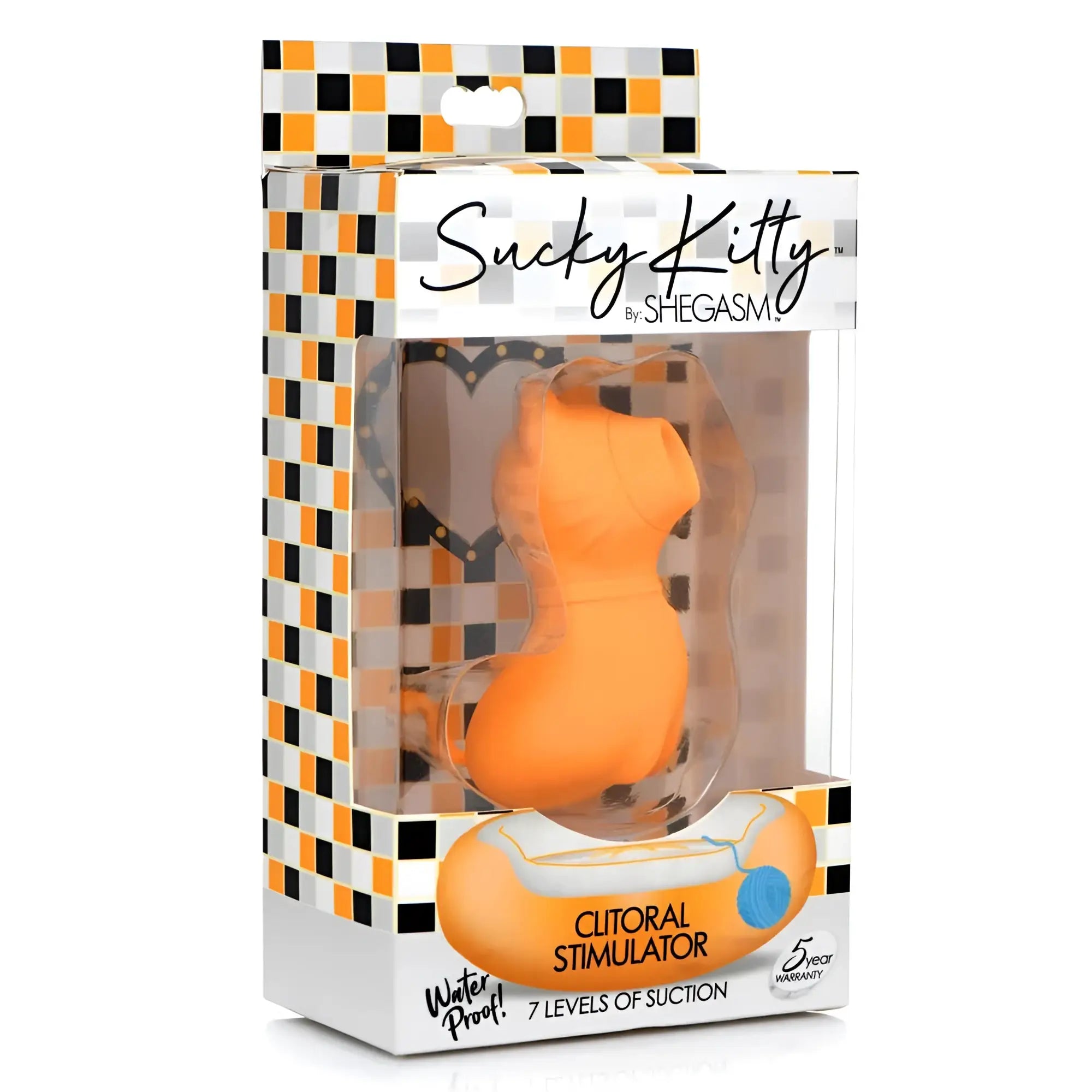 Orange silicone clitoral stimulator shaped like a cat in packaging shegasm sucky kitty 7x clitoral stimulator orange