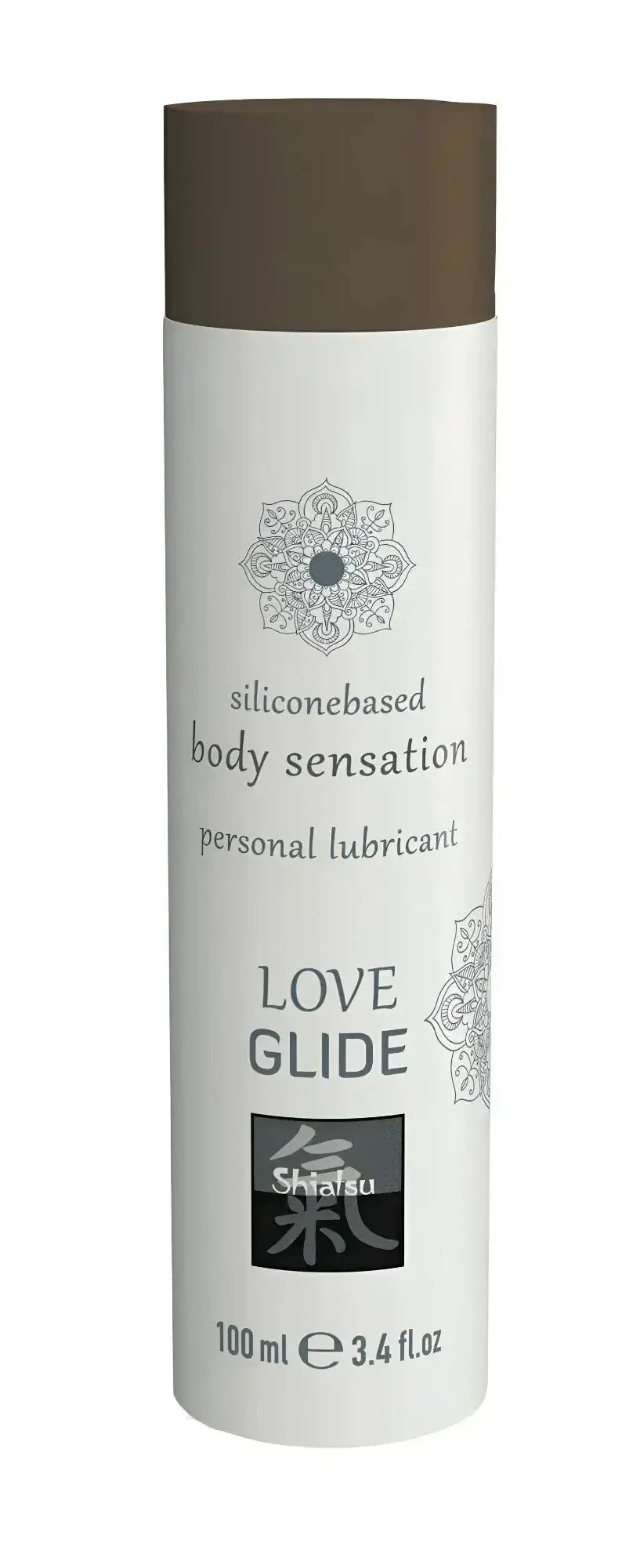 White cylindrical bottle with brown cap love glide by shafa 100ml silicone based body sensation personal lubricant
