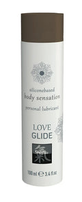 White cylindrical bottle with brown cap love glide by shafa 100ml silicone based body sensation personal lubricant