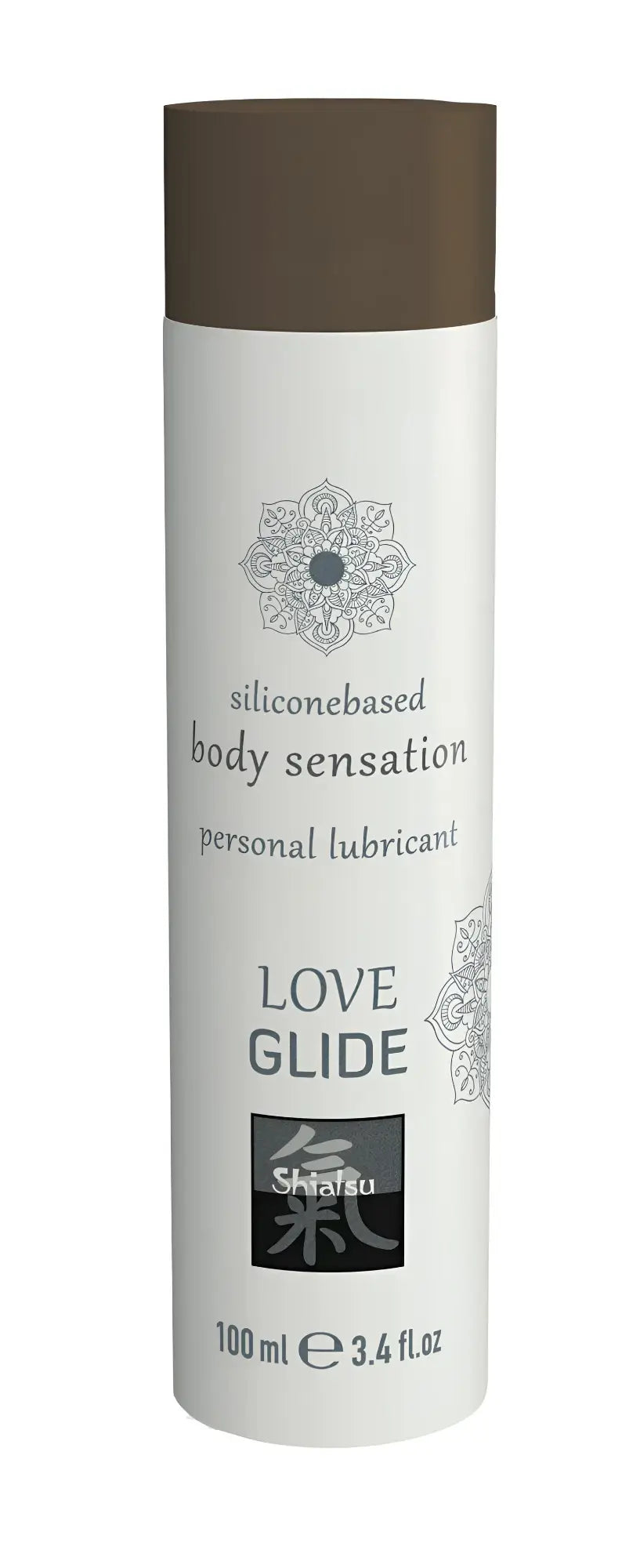 White cylindrical bottle with brown cap love glide by shafa 100ml silicone based body sensation personal lubricant