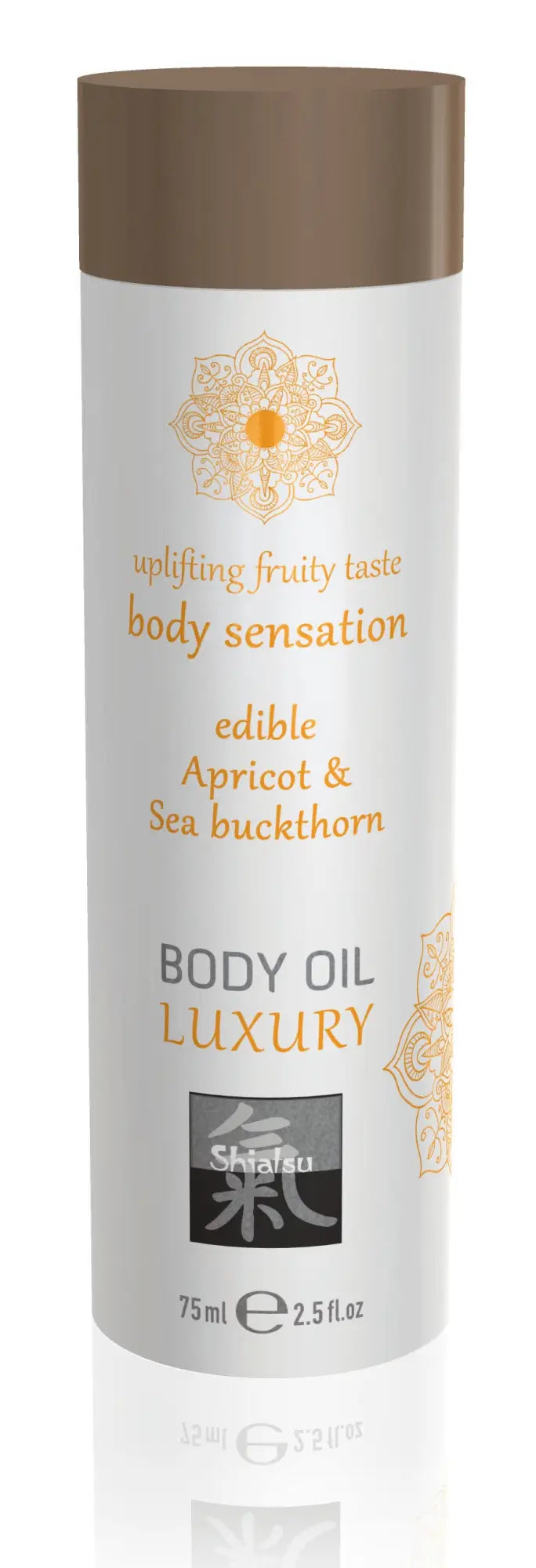 A sleek white cylindrical bottle of shavas shiatsu luxury body oil with a brown cap and edible apricot sea buckthorn flavor