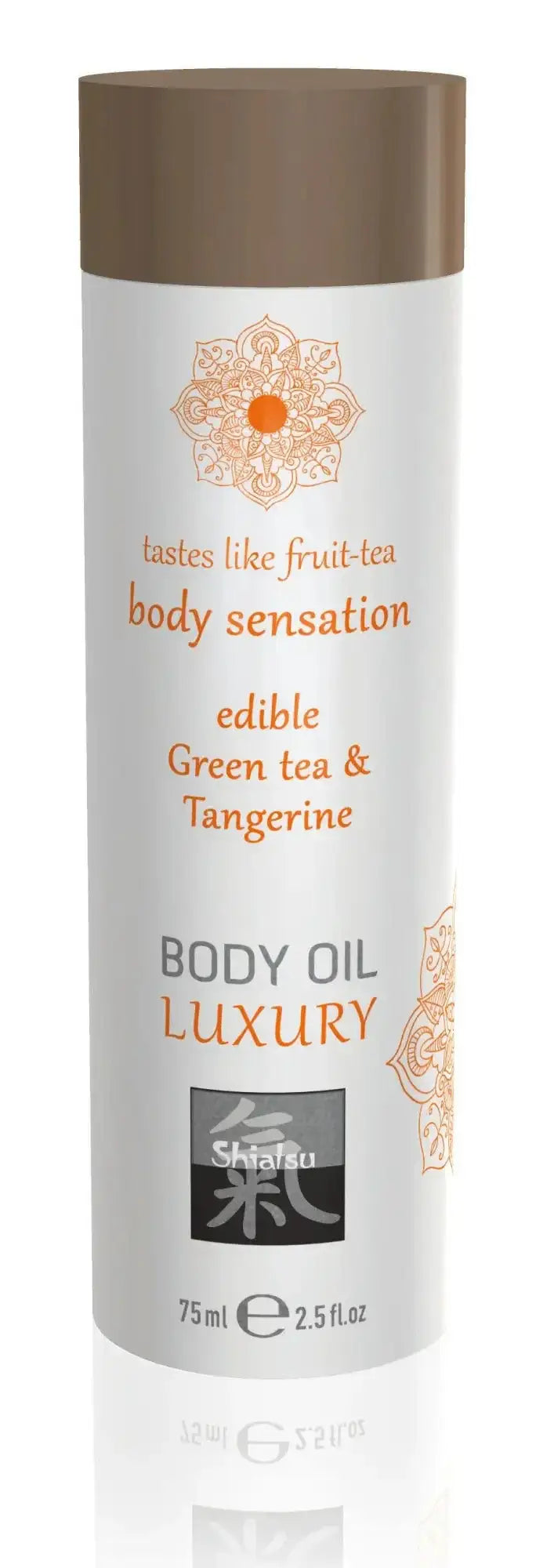 A sleek white cylindrical bottle with brown cap and orange floral design of shaiyu shiatsu luxury edible body oil