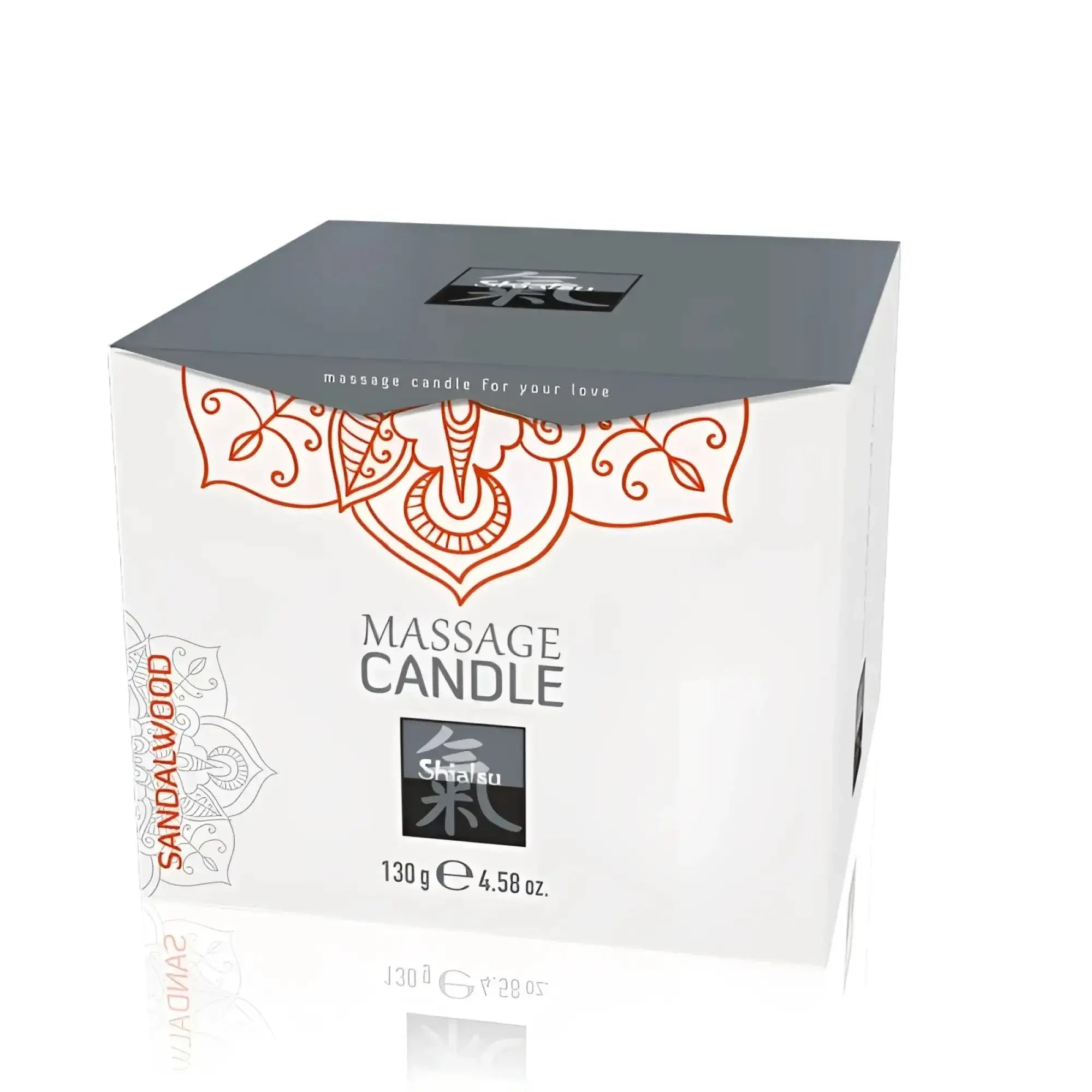 White and gray massage candle box with orange patterns by skalau for shiatsu sandalwood massage use