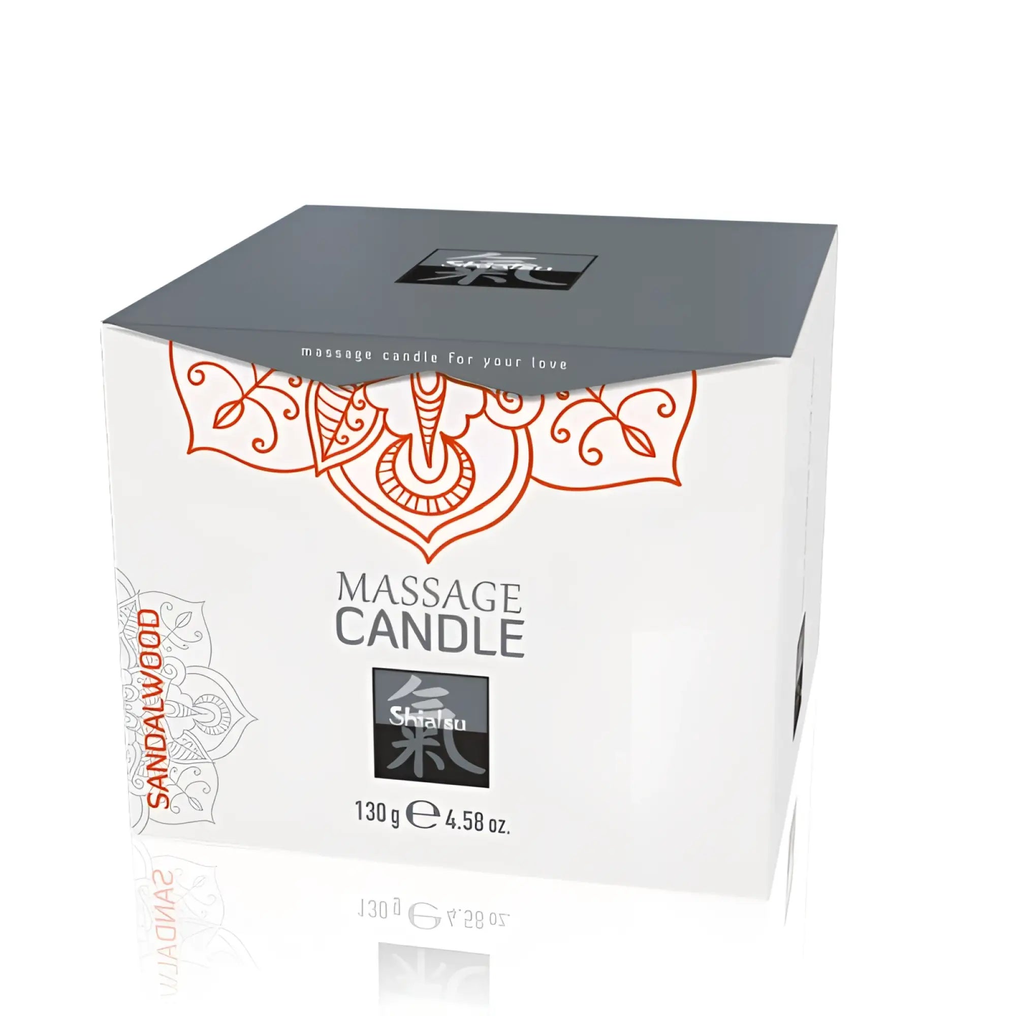 White and gray massage candle box with orange patterns by skalau for shiatsu sandalwood massage use