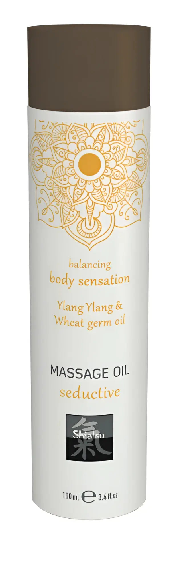 A sleek white cylindrical bottle of shifa massage oil seductive with brown cap and gold mandala design 100ml