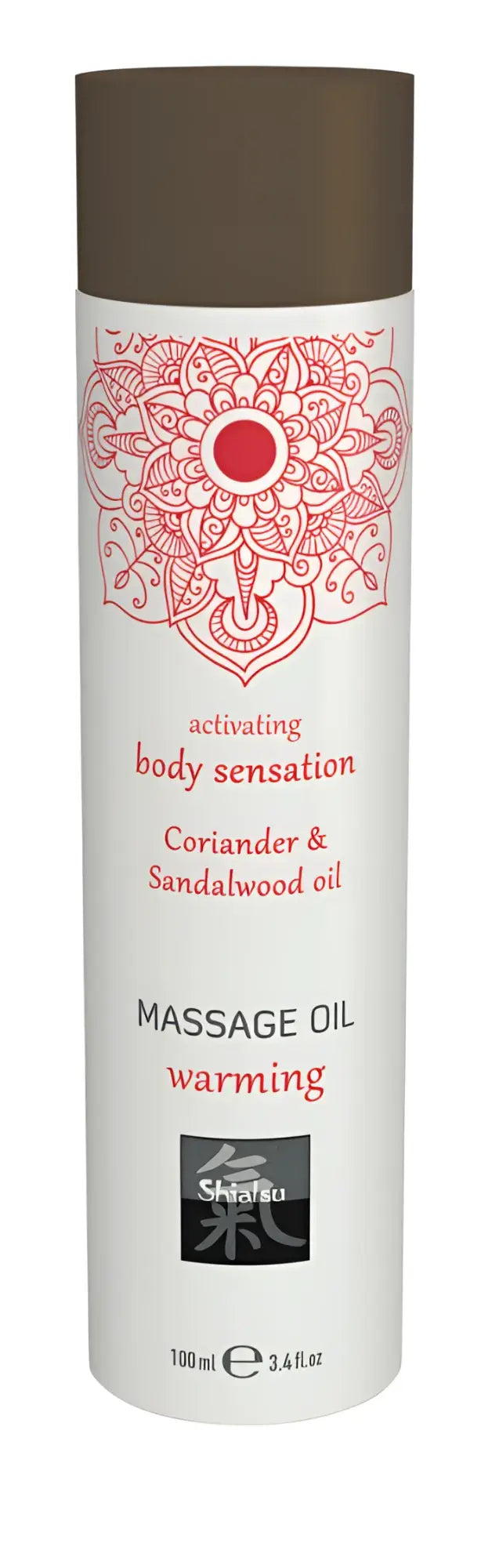 White cylindrical shiatsu massage oil bottle with brown cap and red mandala design containing coriander and sandalwood oil