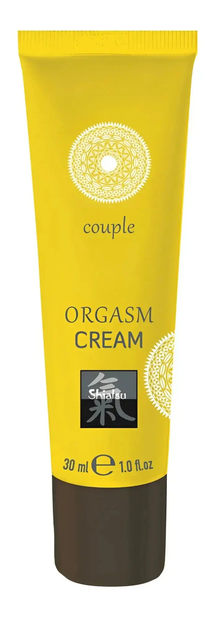 Bright yellow tube of couple brand shiatsu orgasm cream 30ml with dark brown cap and white circular pattern label