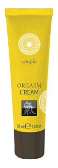 Bright yellow tube of couple brand shiatsu orgasm cream 30ml with dark brown cap and white circular pattern label