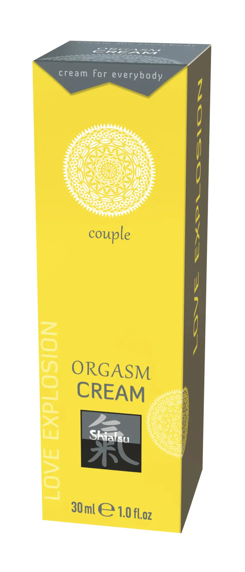 Yellow rectangular box with black accents and white mandala design for shiatsu orgasm couple cream 30ml by shatau