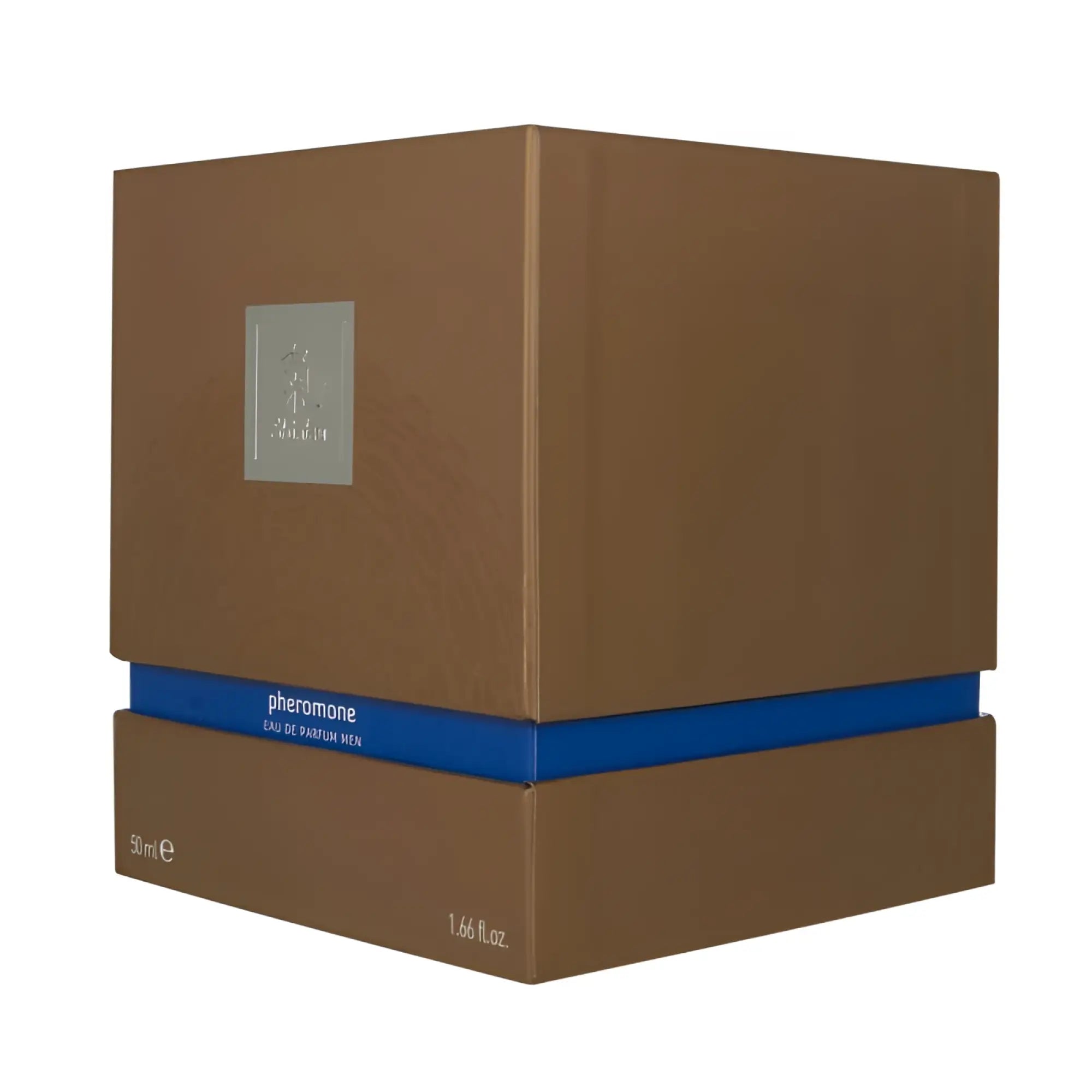 Brown cardboard box with blue ribbon and silver label of shiatsu pheromone eau de parfum men dark blue 15ml fragrance