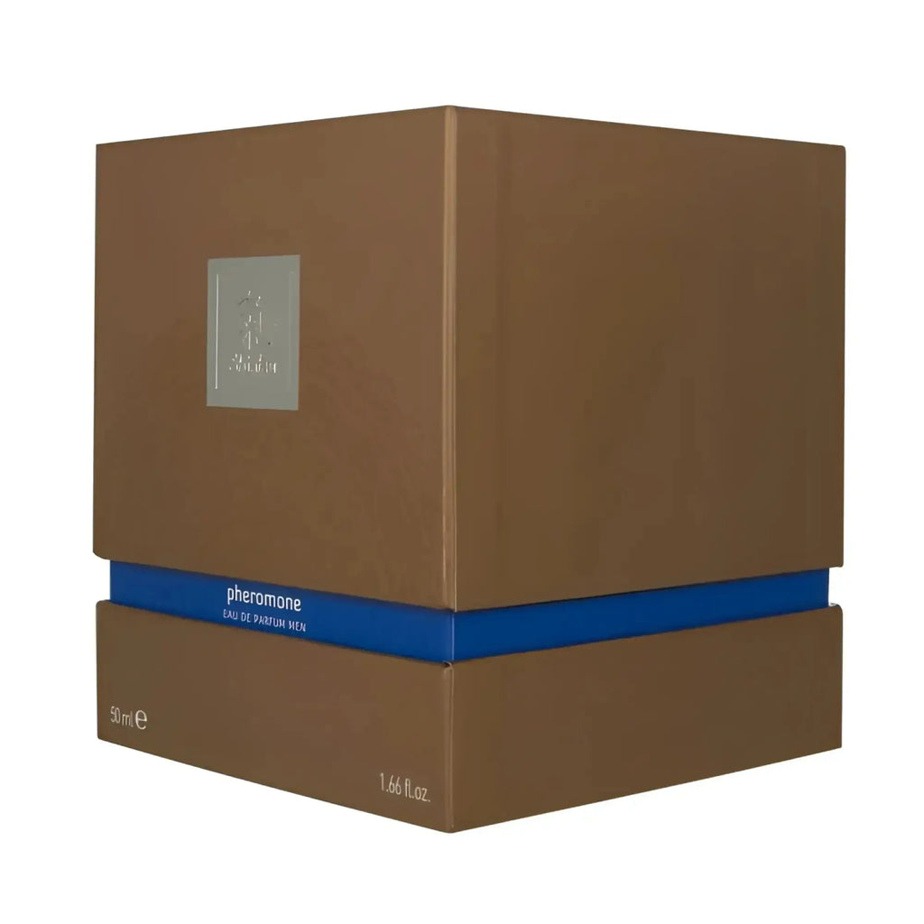 Brown cardboard box with blue ribbon and silver label of shiatsu pheromone eau de parfum men dark blue 15ml fragrance