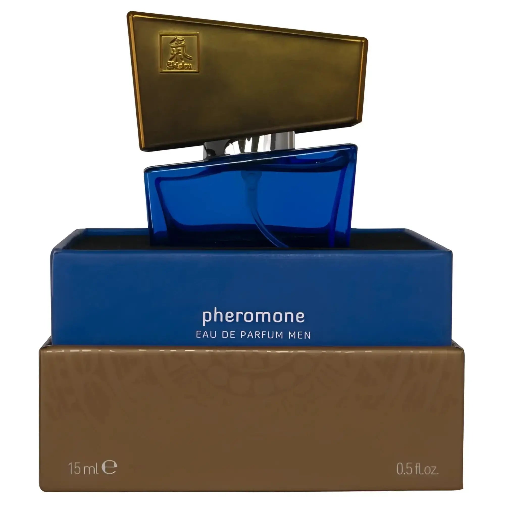 Blue glass Shiatsu pheromone fragrance bottle for men with gold-toned cap in branded dark blue packaging 15ml