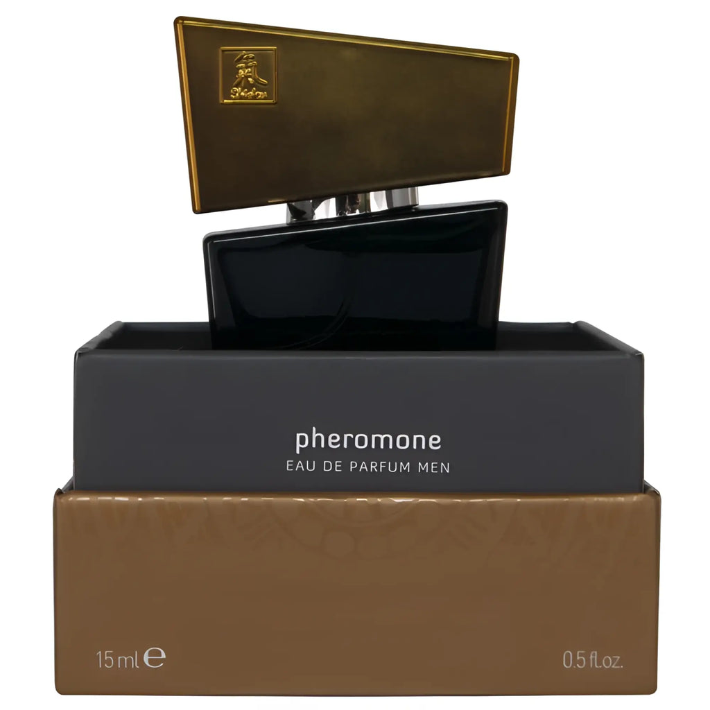 Black rectangular Shiatsu pheromone fragrance man grey bottle with gold-trimmed bronze cap and silver spray nozzle 15ml