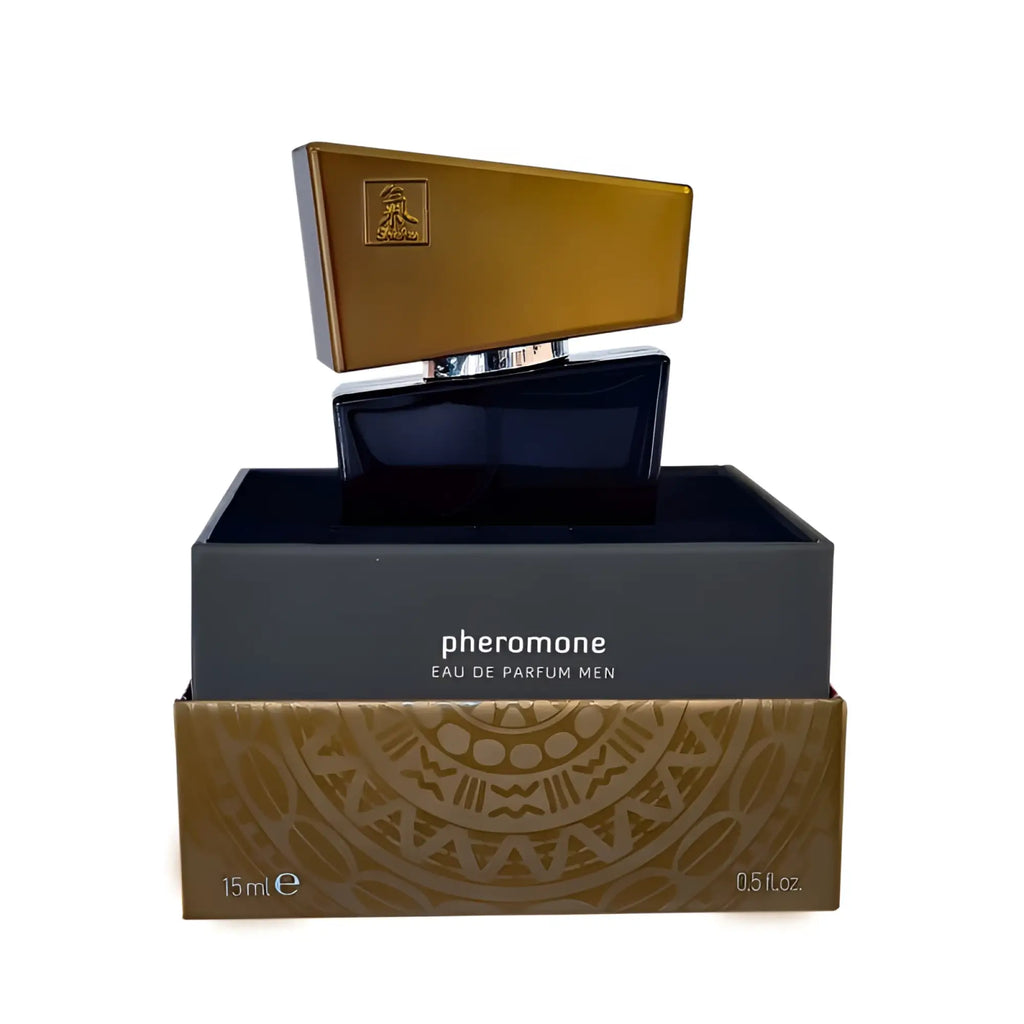 Elegant black glass shiatsu pheromone fragrance man grey 15ml bottle with gold cap in branded presentation box