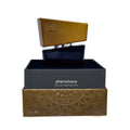 Elegant black glass shiatsu pheromone fragrance man grey 15ml bottle with gold cap in branded presentation box