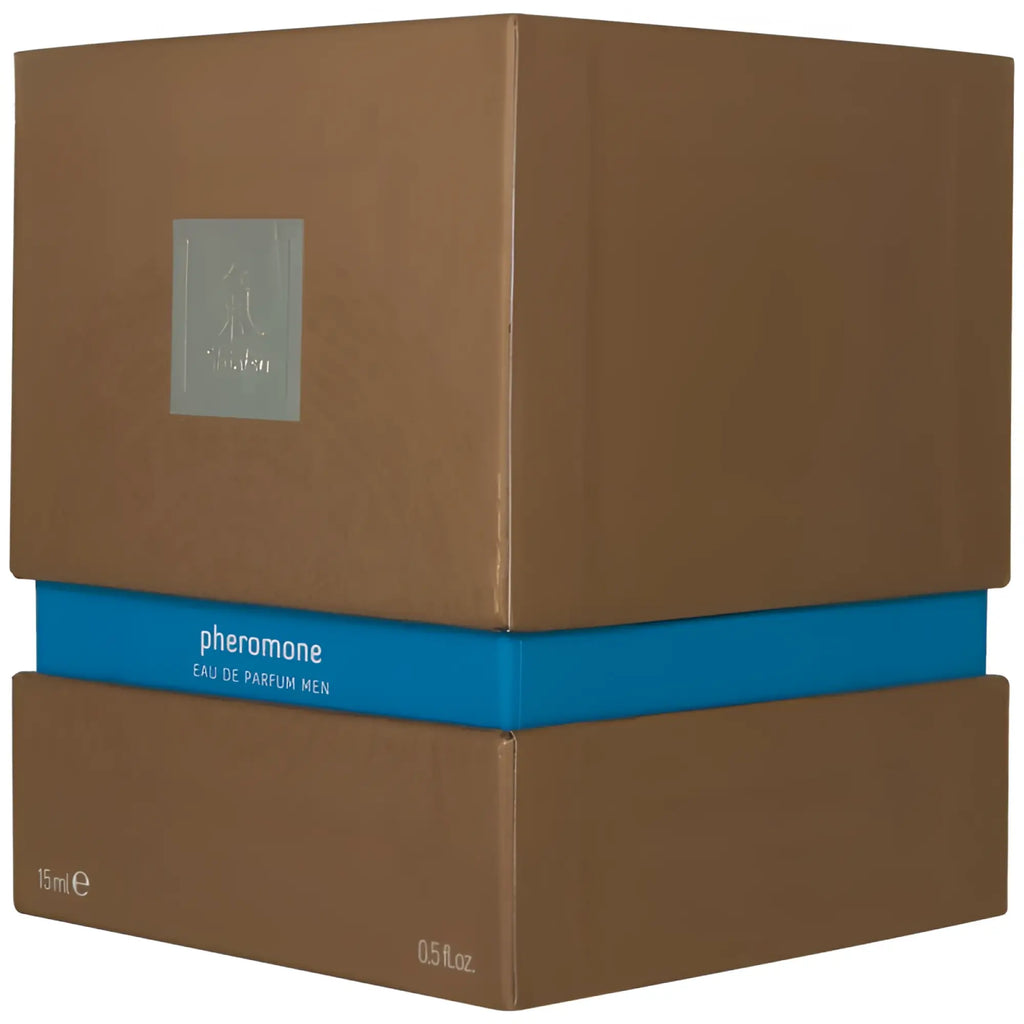 Brown cardboard box with blue band and silver label featuring shiatsu pheromone fragrance man light blue 15ml bottle