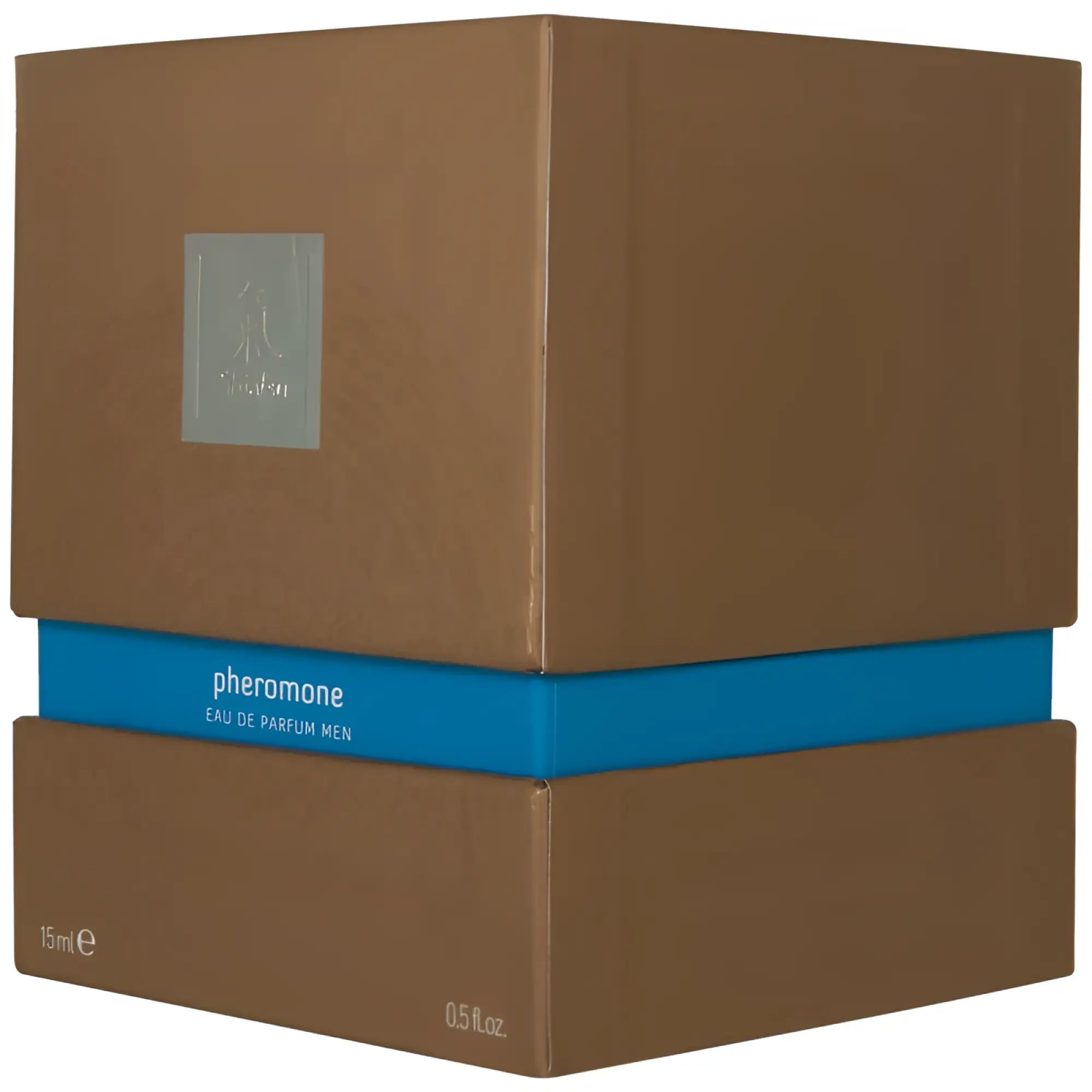 Brown cardboard box with blue band and silver label featuring shiatsu pheromone fragrance man light blue 15ml bottle